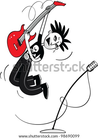 Crazy Rock Star jumping up and playing on his guitar. Vector character isolated on white.
