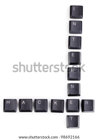 Keyboard keys saying internet-hacker isolated on white