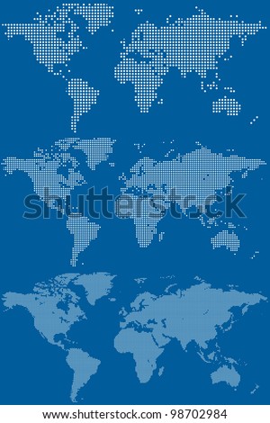 Set of Dotted (Circular Pixel) World Maps. Vector Illustration