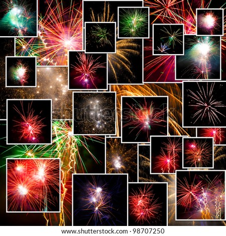 A pile of photographs of fireworks arranged into a background