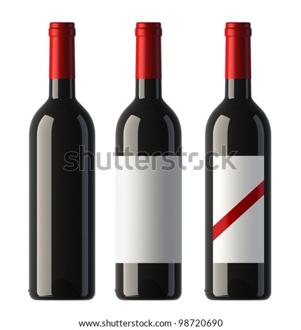 three merged pictures of bordo shape red wine bottles with blank labels and without label, 3D.