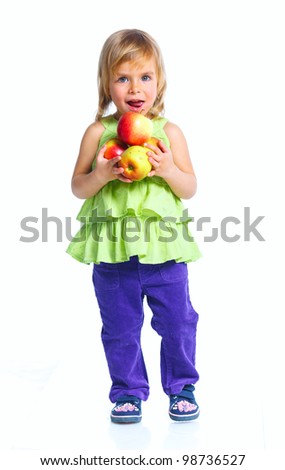 Happy girl with apples isolated on white background