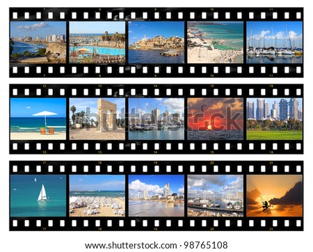 Film frames - nature and views of Tel-Aviv city (Israel), isolated on white