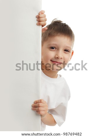 Child with empty blank isolated on white