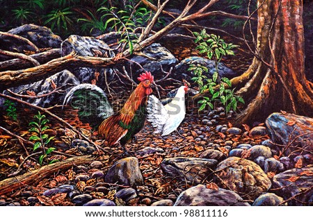 Original oil painting on canvas - jungle fowls in the forest