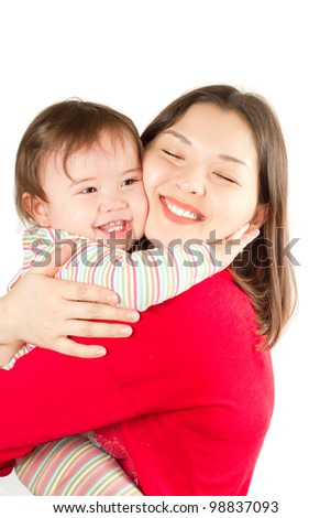 mother and baby girl with  on white background