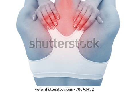 Acute pain in a woman neck. Female holding hand to spot of neck-aches. Concept photo with Color Enhanced blue skin with read spot indicating location of the pain. Isolation on a white background.