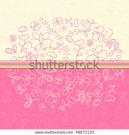 Pink Greeting Card with Flower and Butterfly Silhouettes. Vector Illustration