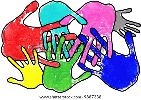 Hand prints in many colours with interlocking fingers on a white background.