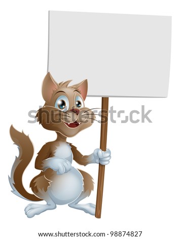 Illustration of a cute cartoon cat character holding a sign