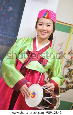 Woman asian drum hanbok dress korea