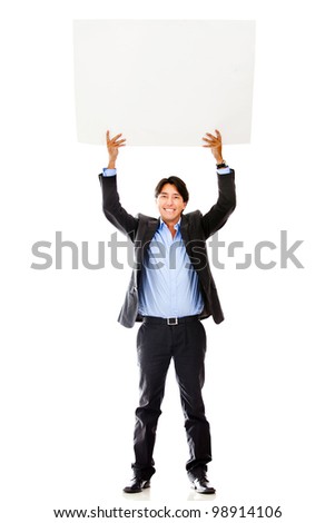 Businessman holding a banner - isolated over a white background
