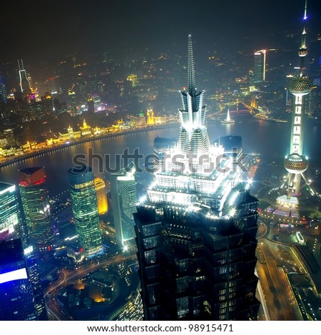overlooking shanghai at night from shanghai world financial center  2012