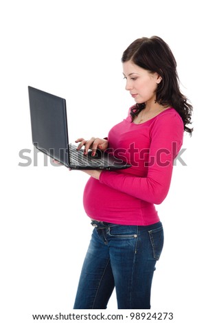 The beautiful young pregnant woman with laptop. isolated on white background