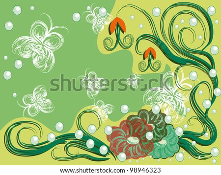 abstract pattern with flower, butterflies and curling elements