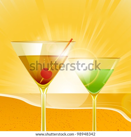Cocktails on a tropical beach at sunset