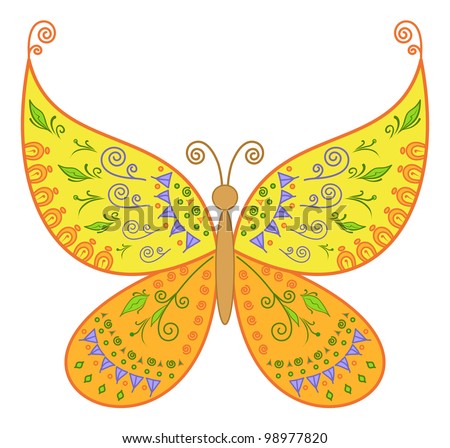 Symbolical colorful butterfly with an abstract floral pattern. Vector