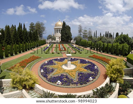Ornamental garden of the Baha'i Temple in Haifa, Israel. This temple in Haifa houses the tomb of the Bab, and is world center of this religion.