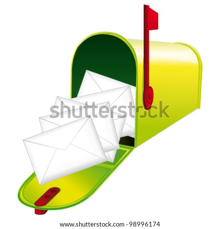 Beautiful green metallic opened mailbox full of letters. Vector icon.