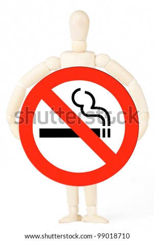No Smoking Sign in the dummy hand on the white background