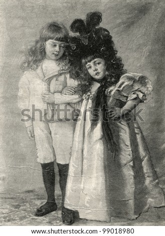 The artist's children. Picture by Makovsky. Published in magazine "Niva", publishing house A.F. Marx, St. Petersburg, Russia, 1899