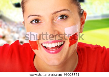 A picture of a happy Polish female fan cheering over stadium background