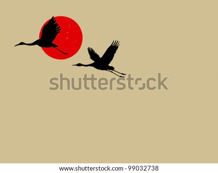 two cranes on brown background, vector illustration