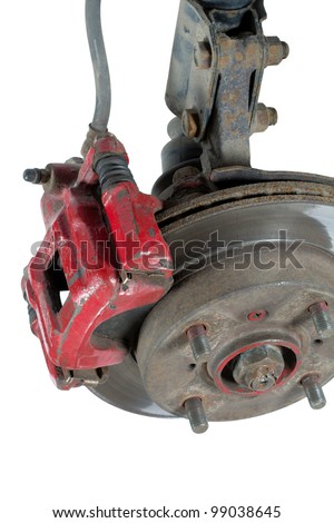 Old brake pads and disk, isolated on a white background