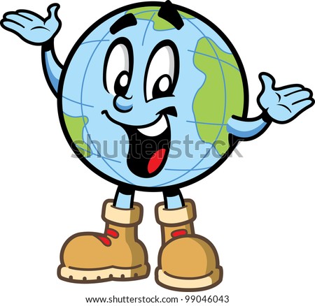 Happy smiling globe world travel explorer cartoon character with continents and hiking boots