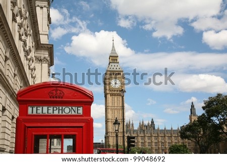London skyline with Big Ben and Iconic Phone Booth