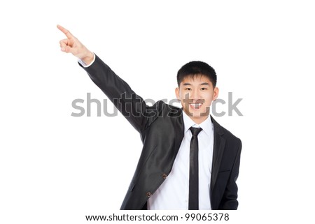 Handsome young asian business man happy smile point finger to empty copy space, businessman showing pointing up, concept of advertisement product, isolated over white background