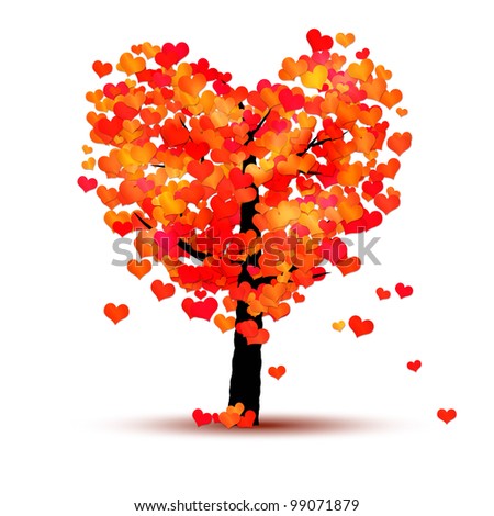An image of a red tree with hearts as leaf