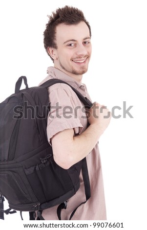 smiling young man with backpack, white background