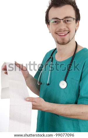 yung cardiologist man reads cardiogram sick, white background