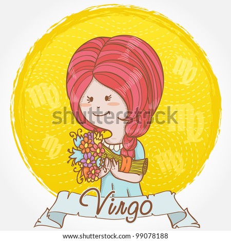 Illustration of Virgo zodiac sign in cute cartoon style as a feminine girl with braid hair and holding a bouquet of flowers