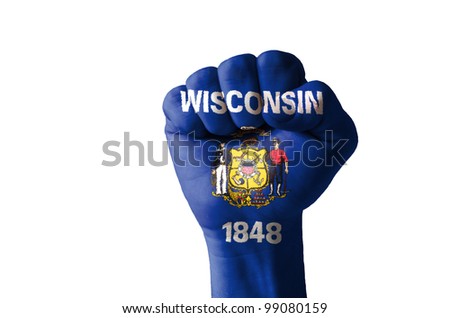Low key picture of a fist painted in colors of american state flag of wisconsin