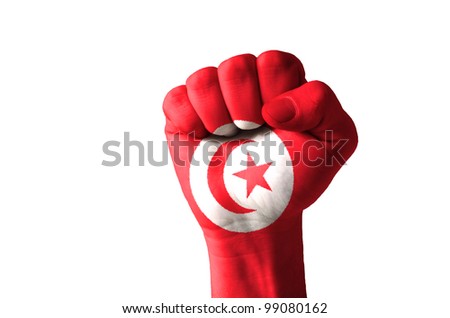 Low key picture of a fist painted in colors of tunisia flag