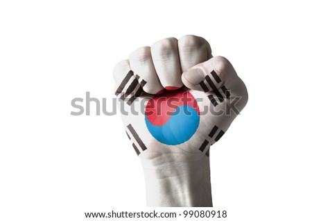Low key picture of a fist painted in colors of south korea flag