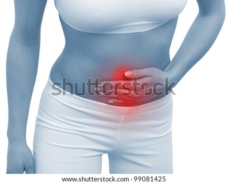 Acute pain in a woman belly. Female holding hand to spot of belly-ache. Concept photo with Color Enhanced blue skin with read spot indicating location of the pain. Isolation on a white background.