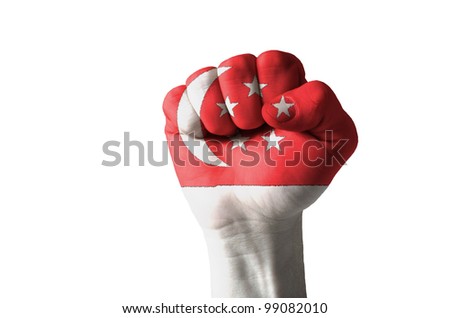 Low key picture of a fist painted in colors of singapore flag