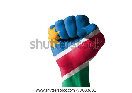 Low key picture of a fist painted in colors of namibia flag