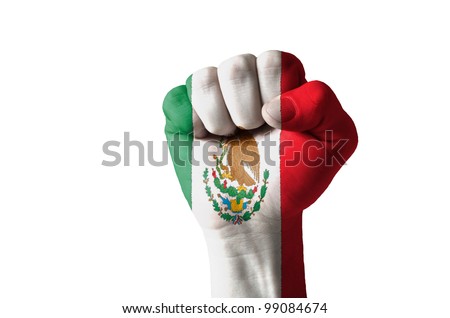 Low key picture of a fist painted in colors of mexico flag
