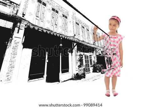 Adorable girl drawing commercial building