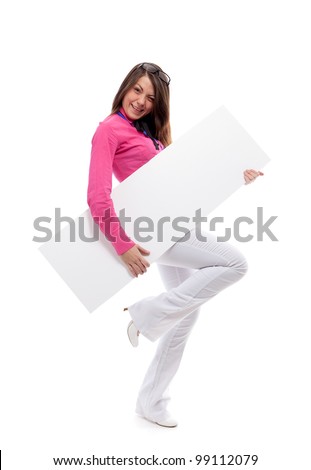 Woman with blank placard. Isolated over white.