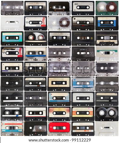 collection of retro audio tapes isolated on white background Royalty-Free Stock Photo #99112229