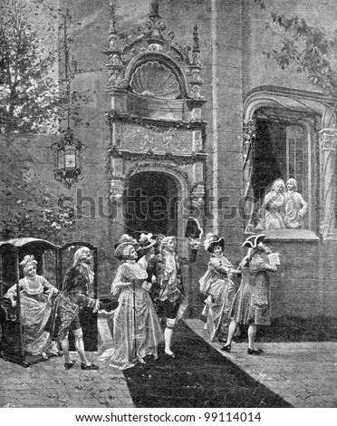 Return of the guests. Engraving by Geshl from picture by  Alonzo Peretz. Published in magazine "Niva", publishing house A.F. Marx, St. Petersburg, Russia, 1899