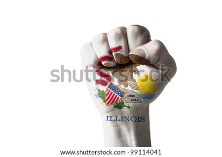 Low key picture of a fist painted in colors of american state flag of illinois