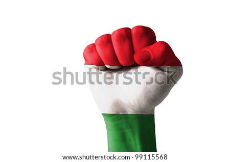 Low key picture of a fist painted in colors of hungary flag