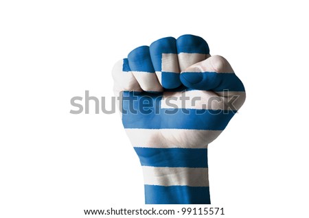Low key picture of a fist painted in colors of greece flag