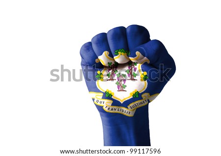Low key picture of a fist painted in colors of american state flag of connecticut